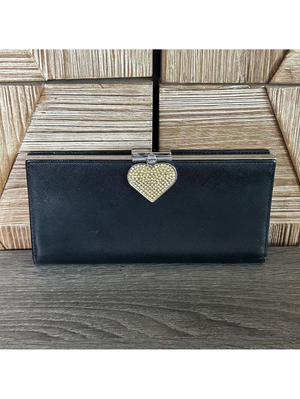 LOVCAT Black Leather Wallet Heart Charm Rhinestone Clutch Snap Closure